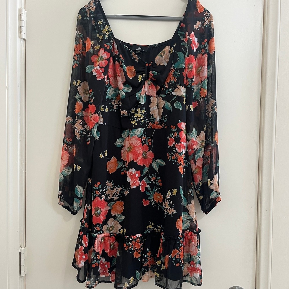Floral Babydoll Mini Dress M Black Keyhole Bust Sheer Sleeve Boho Fairy Romantic